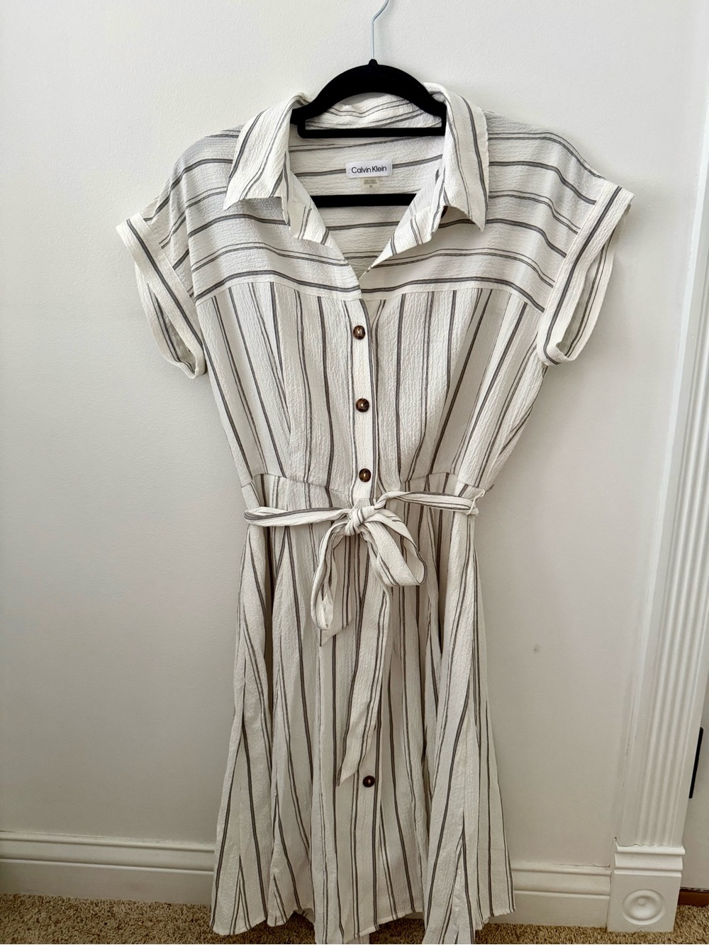 Calvin Klein Cream and Gray Striped Midi Shirt Dress